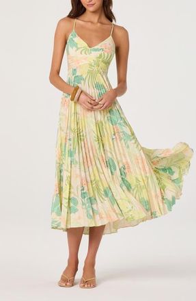 ASTR the Label Blythe Pleated Maxi Dress in Green Peach Tropical at Nordstrom, Size Medium