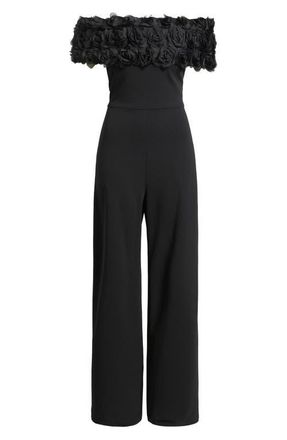 Eliza J Rosette Off the Shoulder Wide Leg Jumpsuit in Black at Nordstrom, Size 12