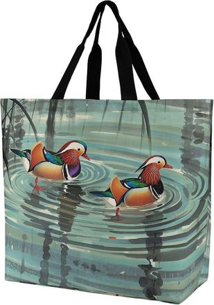 Generic YHNNH Fashionable Reusable Womens Shoulder Tote Bag Chinese Style Mandarin Ducks Printed with Unique Heat Transfer Print, Eco-Friendly Durable Polyest