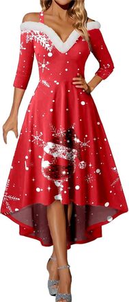 Generic Christmas Dresses for Women UK, Christmas Dress Womens Red White Elegant Sexy New Years Eve Dresses Women Printed Party Swing Dress for UK Elegant Wom