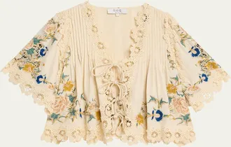 Sea New York Adonna Embroidered Tie-Front Top