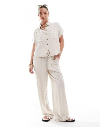 Pieces wide leg linen blend pants in cream - part of a set-White