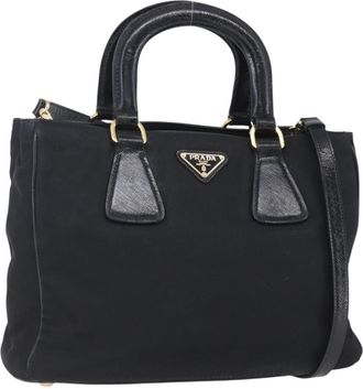 Prada Convertible Top Handle Tote Tessuto With Vernice Saffiano Leather Black Nylon Handbag (Pre-Owned)