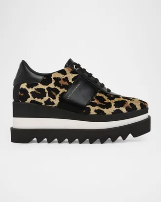Stella McCartney Sneak-Elyse Ocelot Velvet Toothed-Sole Platform Sneakers