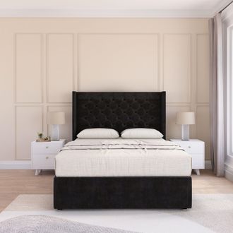 Sloomy Dior Wing Bed Set No Drawers With Ortho Sprung Mattress & 54 Floor standing Headboard Plush Velvet in Black | Size: Super King