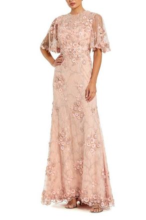 Mac Duggal Petite Flutter Sleeve Floral Embroidered Net Gown in Rose at Nordstrom, Size 10P