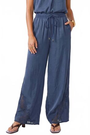 Naked Zebra Floral Lace Detail Wide Leg Pants In Blue
