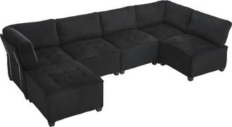 STILVORA Sof&aacute; Modular 6 Plazas En Terciopelo Acanalado Con Brazo, Respaldo Ergon&oacute;mico Y Bolsillos Laterales, Negro