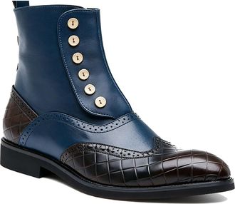 Generic Mens Round Toe Brogue Short Boots PU Leather Chelsea Ankle Boots with Button Flat Heel Office Work Shoes,Blue,8.5 UK