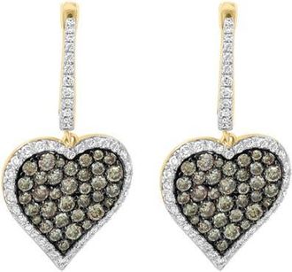 Effy 14K Yellow Gold White & Espresso Diamond Pav&eacute; Heart Drop Earrings in 14K Gold at Nordstrom