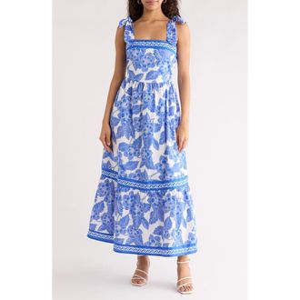 Sugarlips Rency Floral Tiered Cotton Maxi Sundress in White-Blue at Nordstrom, Size X-Small