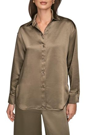 DKNY Satin Button-Up Shirt in Khaki Green at Nordstrom, Size X-Large