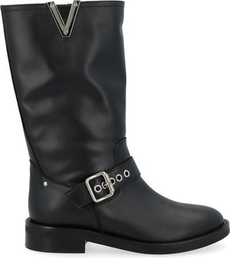 Via Roma 15 Biker Gesp met V Nikkel - Dames - Hoge Laarzen - Zwart - 39 EU - Schoenen