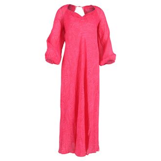 Rixo Printed Bishop Sleeve Midi Dress in Pink Viscose