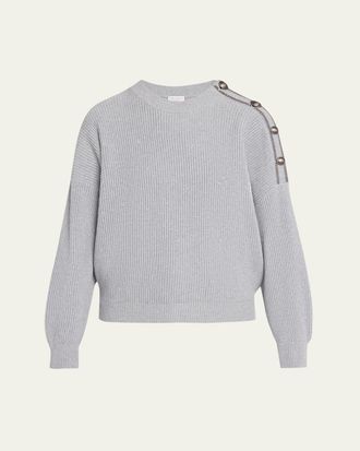Brunello Cucinelli Sporty Button-Shoulder Cotton Diamante Crewneck Sweater