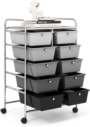 Costway Costway Carrito Auxiliar Con Ruedas, Carro Almacenaje Con 10 Cajones Grandes Y Apilables, Carrito Organizador Con Ruedas Bloqueables De Metal Para Coc