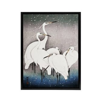 Artery8 Group Of Egrets in Falling Snow Framed Canvas Wall Art Print Ohara Koson in Blue | Size: W24 x H32