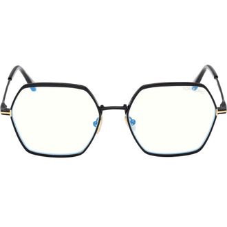 Tom Ford 56mm Geometric Blue Light Blocking Optical Glasses in Shiny Black/Blue Block Lenses at Nordstrom