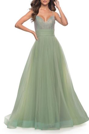 La Femme Tulle Gown with Full Skirt and Rhinestone Bodice in Sage at Nordstrom, Size 16