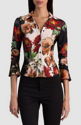 Alice & Olivia Freya Nipped Waist Button Down Top in Floral Radiance at Nordstrom, Size X-Large