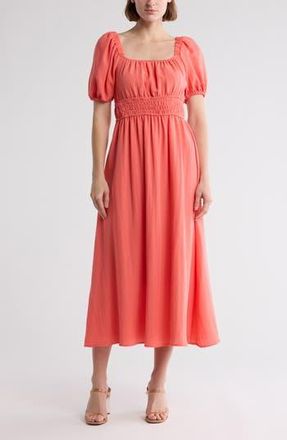 August Sky Puff Sleeve Midi Dress in Coral at Nordstrom Rack, Size Medium