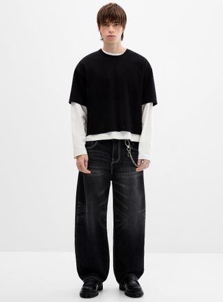 Djab Mens Striped-texture faded black jean Ultra-loose fit Imported from Seoul