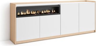 Skraut Home Aparador efecto madera blanco roble 210x37x80cm chimenea efecto fuego