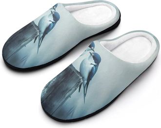 Generic Blue And White Swallows Perched Slippers Men Winter Warm Cotton Anti-Slip Indoor Slip-Ons House Shoes