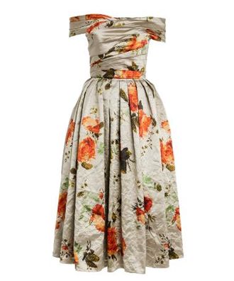 Erdem Off-The-Shoulder Floral-print Metallic Crinkled-Satin Midi Dress Size S