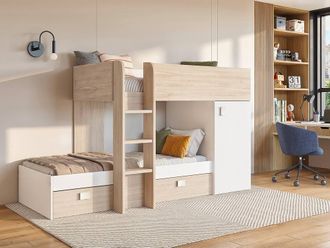 Vente-Unique Reversible Corner Bunk Beds With Storage - 2 X 90 X 190 Cm - Oak and in Light Oak | Size: Single