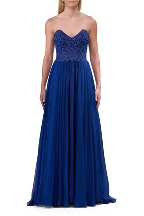 La Femme Chiffon Gown with High Slit and Strapless Lace Top in Marine Blue at Nordstrom, Size 00