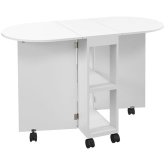 HOMCOM Mesa De Comedor Plegable Con Ruedas, Mesa De Cocina Con Alas Abatibles Y 2 Estantes Abiertos, 120 X 60 X 77 Cm, Blanca
