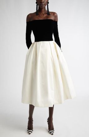 Carolina Herrera Off the Shoulder Long Sleeve Velvet & Satin Midi Dress in Black/White at Nordstrom, Size 10