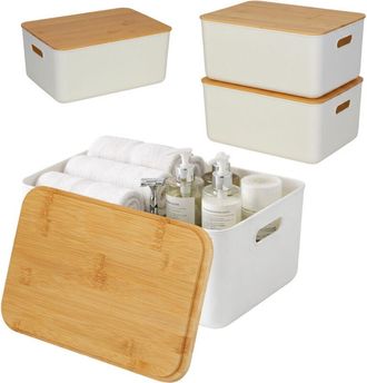 Relaxdays Relaxdays storage boxes, set of 2, plastic with bamboo lids, handles, H x W x D: 16 x 36 x 25 cm, white