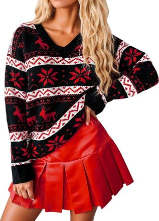 Generic Womens Christmas Jumper Black and Red Striped Jumper Reindeer Snowflakes Xmas Jumpers Ladies Chunky Knit Funny Christmas Jumpers Soft-Touch V Neck Swe