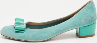 Ferragamo Blue Suede And Patent Bow Varina Ballet Flats