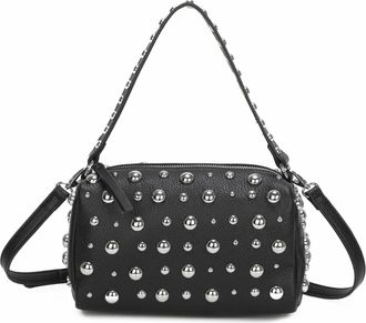 Generic Womens Black Studded Crossbody Bag, Silver Metal Studs, Textured Leather, Shoulder Strap, Zipper Closure (Black)