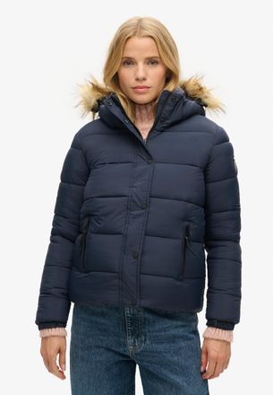 Superdry Steppjacke SUPERDRY FAUX FUR SHORT HOOD PUFFER, Damen, Gr. S, blau (eclipse navy), Web, Obermaterial: 97% Nylon, 3% Polyester, unifarben, elastischer 