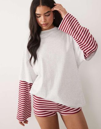 Lioness Esclusiva Lioness - Bloom - Maglietta oversize 2 in 1 a maniche lunghe a righe rosse e rosa in coordinato-Multi