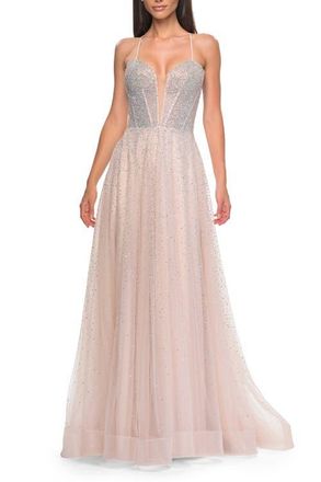 La Femme Prom Gown with Rhinestone Tulle and Illusion Corset Bodice in Blush at Nordstrom, Size 8
