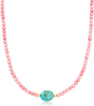 Ross-Simons Turquoise and Pink Coral Bead Necklace With 18kt Gold Over Sterling