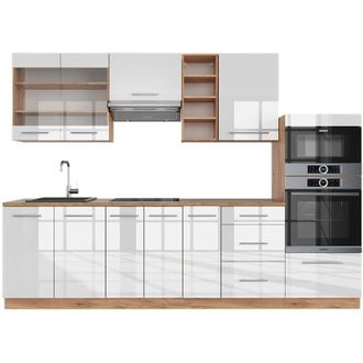 Vicco Cucina componibile Fame-Line, Bianco lucido/oro power oak, 280 cm senza piano di lavoro