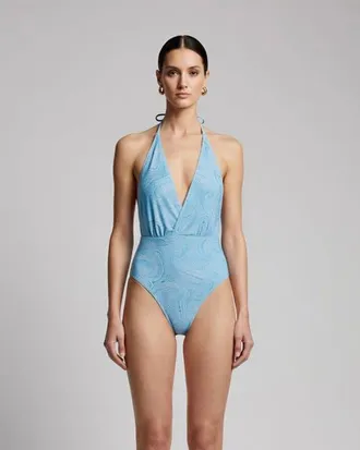 Lords of Harlech Crochet Paisley Womens Halter One-Piece Swimsuit in Crochet Paisley Teal at Nordstrom, Size X-Small