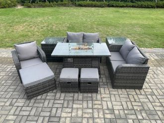 Fimous Outdoor Sofa Rattan Garden Furniture Set Patio Gas Fire Pit Dining Table & Reclining Chair set with 2 Side Tables 3 Footstools in Dark Grey