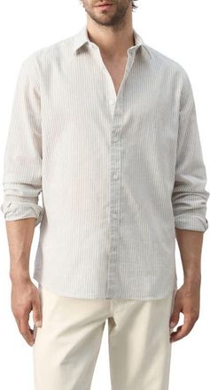 Mango Regular Fit Stripe Cotton & Linen Button-Up Shirt in Sand at Nordstrom, Size X-Small