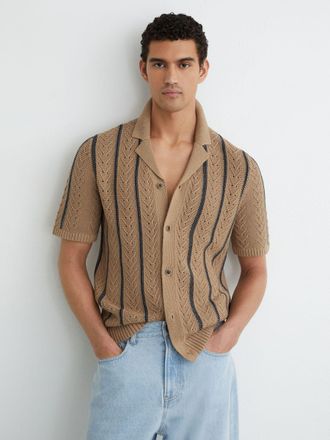 Reiss Light Camel Cotton-blend Textured-knit Stripe Shirt, Xxl