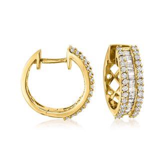 Ross-Simons Round and Baguette Diamond Hoop Earrings in 18kt Gold Over Sterling