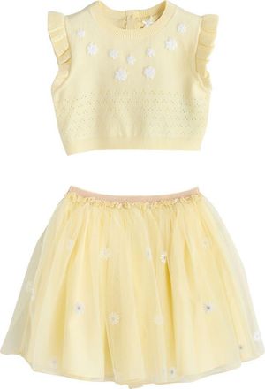 Next Kids Floral Pointelle Knit Top & Mesh Skirt Set in Yellow at Nordstrom, Size 12-18M