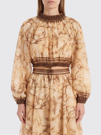 Zimmermann Blusa cropped in ramie con stampa astratta e collo alto con rouches