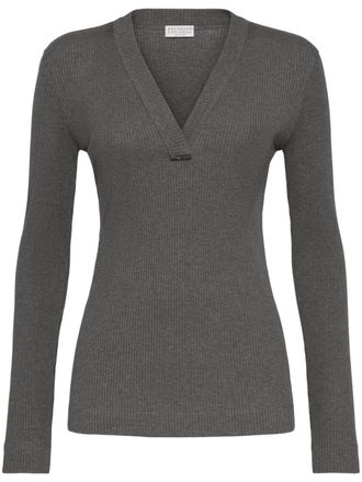 Brunello Cucinelli Monili-chain fine-ribbed jumper - women - Cotton - 3XL - Grey